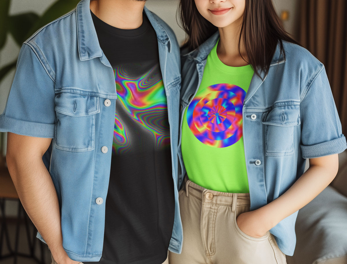 Uma mulher e um homem usando camisetas com estampas psicodélicas e com cores vibrantes